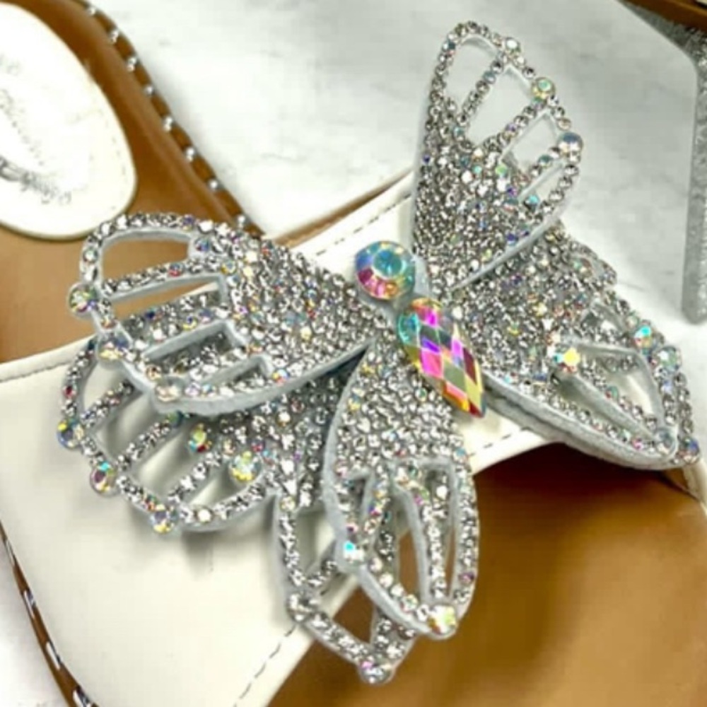 Italina White Butterfly AB Stone Embellished Flat Sandals